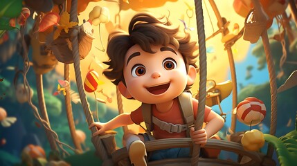 A cute little boy with big eyes and black hair, wearing jean shorts, backpack on his back smiling while riding in a hot air balloon high above the forest floor