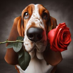Bassett hound offers owner a red rose in mouth
