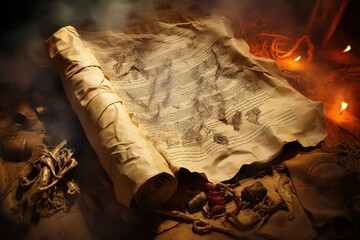 Frayed Old parchment paper. Beige parched paper on wooden table. Generate ai