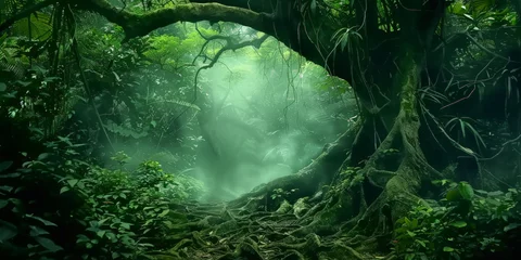  a grreen tropical jungle with vines and tree roots, a dark  misty green forest bbackground,banner © Nice Seven