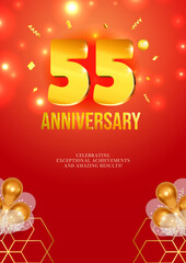 Naklejka premium Anniversary celebration flyer red background golden numbers 55