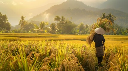 Fototapeta premium Harvesting rice with sickles in a picturesque rural setting.