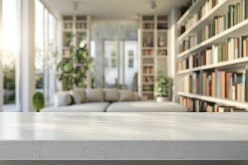 Fototapeta premium A white room with a wooden table and a shelf full of books