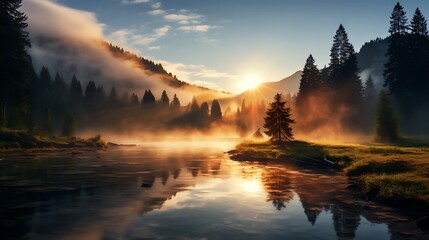 A serene mountain landscape at sunrise, with mist rising from the river and trees reflecting in its...
