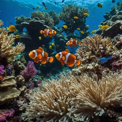 Naklejka na ściany i meble Envision a bustling coral reef ecosystem, alive with the vibrant colors of tropical fish and swaying sea fans, with a pair of clownfish serving as the focal point, their playful antics and striking ap