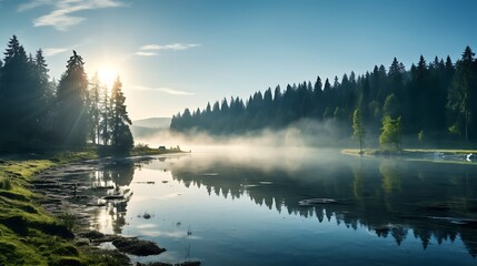 A serene lake nestled in the heart of Carpathian Mountains, surrounded by mistcovered forests and reflecting sunlight - obrazy, fototapety, plakaty