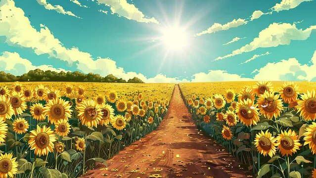 sunflower fields a beautiful background illustrating. seamless looping overlay 4k virtual video animation background