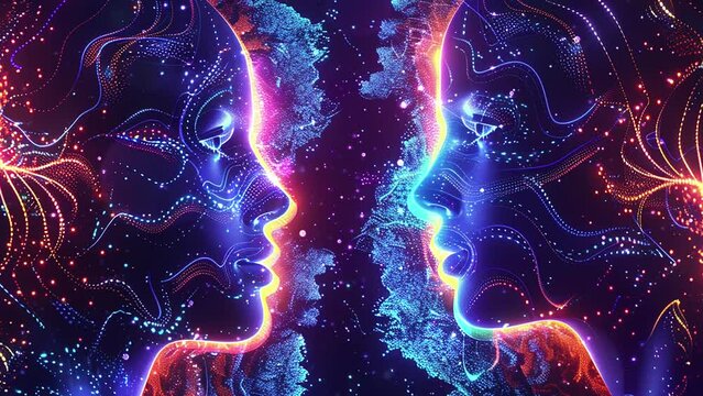  a mesmerizing glowing composition materializes with two men. seamless looping overlay 4k virtual video animation background