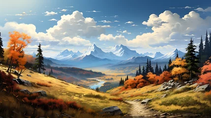 Wandcirkels aluminium A beautiful landscape painting of the Himalayas, with mountains in autumn colors and a river flowing through an alpine valley © Afaq