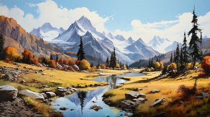 A beautiful landscape painting of the Himalayas, with mountains in autumn colors and a river flowing through an alpine valley