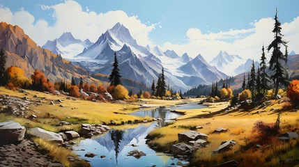  A beautiful landscape painting of the Himalayas, with mountains in autumn colors and a river flowing through an alpine valley © Afaq