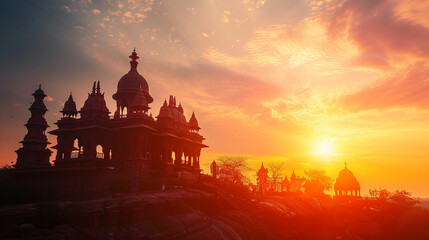 Indian temple silhouette at striking sunset sky