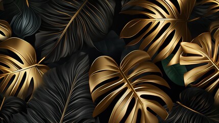 Tropical Leaves Gold and Black Dark Monstera Background

