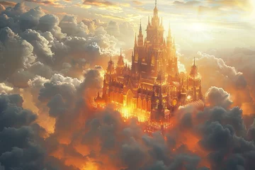 Fotobehang A castle is seen in the clouds with the sun shining on it © itchaznong