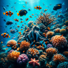 Underwater world in the deep ocean with turtle and othe sea animals.