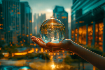 City in a Glass Ball on human hand - obrazy, fototapety, plakaty