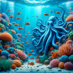 Fototapeta na wymiar Underwater world in the deep ocean with turtle and othe sea animals.