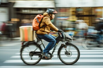 Fototapeta premium a delivery guy wearing jacket and helmet ride very fast on bike, speed panning effect 