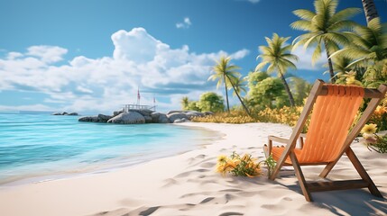 A beautiful beach with white sand, blue water and palm trees. A lounge chair is placed on the shore...