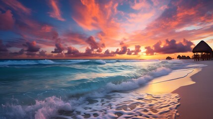A stunning sunset over the turquoise waters of a beach in a town in Mexico, with colorful clouds...