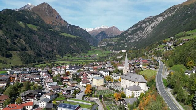 Matrei in Osttirol Town in Tyrol, Hohe Tauern National Park, Austria - Aerial 4k Circling