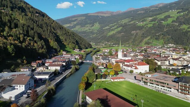 Zell am Ziller Ski Resort Village at Summer in Zillertal Valley, Tyrol, Austria - Aerial 4k