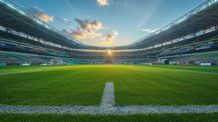 Soccer Stadium with green field football competition - obrazy, fototapety, plakaty