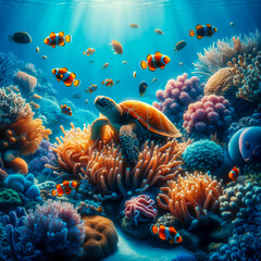 Fototapeta na wymiar Underwater world in the deep ocean with turtle and othe sea animals.