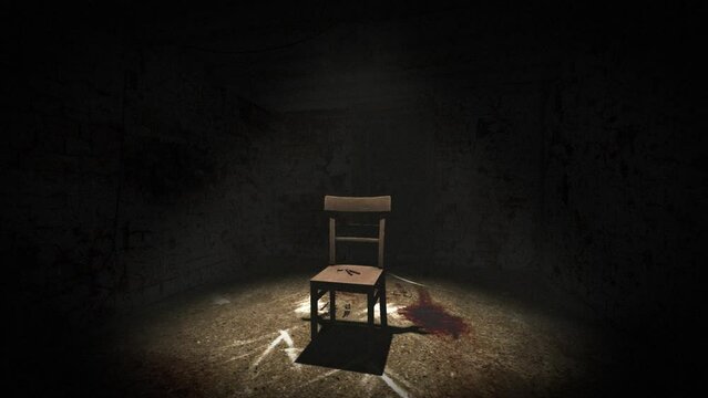 High quality, slow rising shot of a sinister interrogation torture chamber, with dark creepy grungy walls, blood on the floor and a single chair in a spotlight, with a pair of bloody pliers