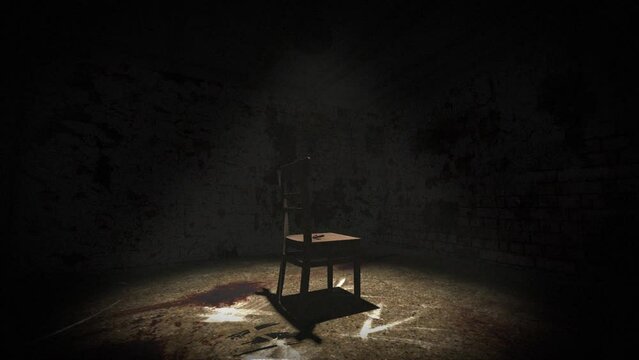 High quality, orbit shot of a sinister interrogation torture chamber, with dark creepy grungy walls, blood on the floor and a single chair in a spotlight, with a pair of bloody pliers