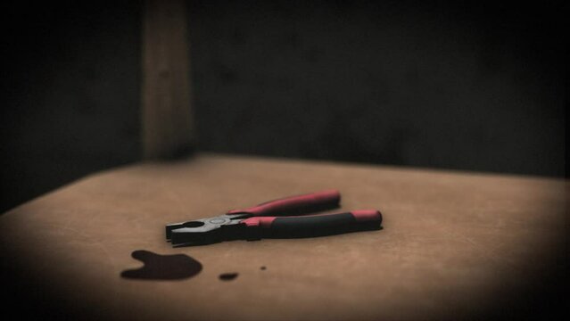 High quality, close-up shot of a pair of bloody pliers on a chair in a sinister interrogation torture chamber, with dark creepy grungy walls, blood on the floor, under a spotlight