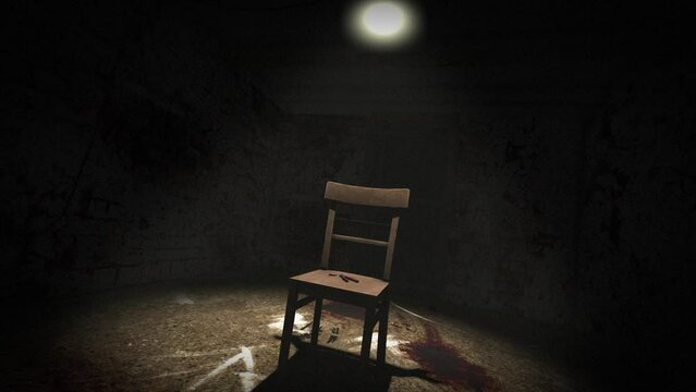 High quality, slow descending shot of a sinister interrogation torture chamber, with dark creepy grungy walls, blood on the floor and a single chair in a spotlight, with a pair of bloody pliers