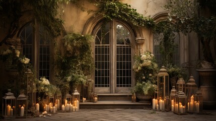 Romantic Courtyard with Lanterns and Flowers by Vintage Window - obrazy, fototapety, plakaty