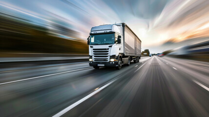 Speeding truck on highway showcasing motion and logistics power.