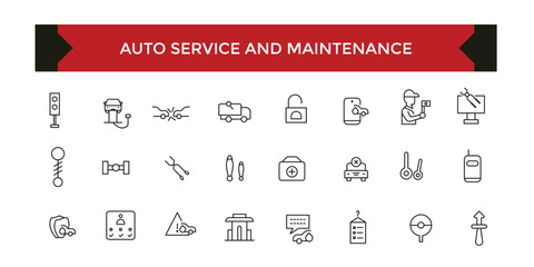 Auto car service and maintenance icon set with editable stroke. Auto service, car repair icon set. Car service and garage.