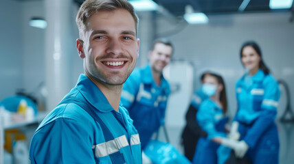 Fototapeta premium Confident young mechanics smile at the camera, their teamwork evident in the well-equipped workshop.