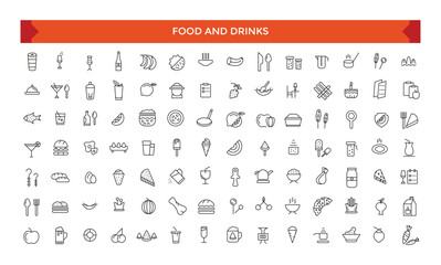 Food and Drinks Meal Related Vector Line Icons. Contains such Icons as Fruit Basket, Noddles, Healthy Smoothies.
