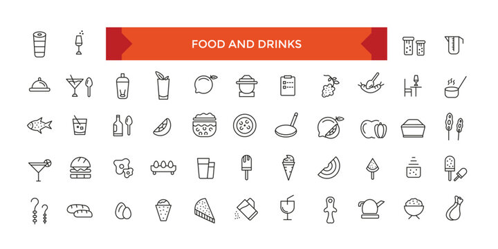 Food and Drinks Meal Related Vector Line Icons. Contains such Icons as Fruit Basket, Noddles, Healthy Smoothies.