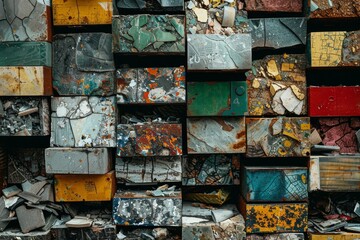 Artistic mosaic of weathered wooden blocks with peeling paint in various colors.