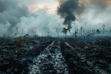 A gloomy landscape filled with smoke and ash after deforestation, showcasing environmental destruction.