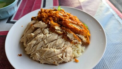 Delicious Chicken and Rice Plate with Pork, Spicy, and Fresh Salad