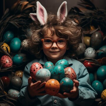 Beautiful smiling kid holding chocolate easter eggs, fantasy. Happy child celebrating easter a Christian holiday. Creative concept of a tradition. Adorable cheerful child holding chocolate easter eggs
