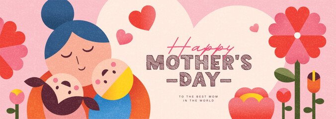 Happy Mother's Day banner design with mother hug her kids and beautiful flowers background.