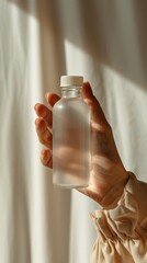 A person is holding a bottle of lotion in their hand. skincare and cosmetic concept.