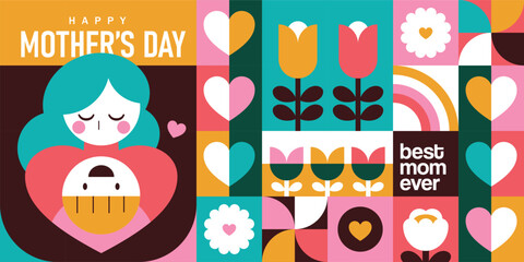 Set of Happy Mother's Day flat vector illustration in geometry style. Mom with child, flowers and abstract geometric shapes.