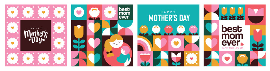 Set of Happy Mother's Day flat vector illustration in geometry style. Mom with child, flowers and abstract geometric shapes. - obrazy, fototapety, plakaty