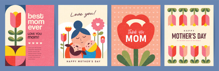 Set of Happy Mother's Day flat vector illustration in geometry style. Mom with child, flowers and abstract geometric shapes. - 762119716