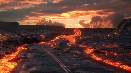 3D Illustrate of An unexpected scene where an ordinary road at an intersection reveals the earths fiery wrath below - obrazy, fototapety, plakaty