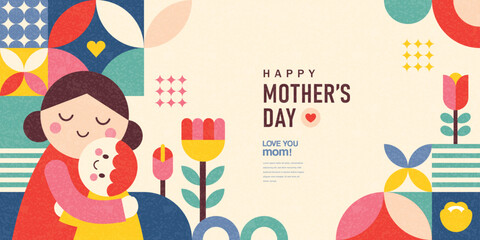 Happy Mother's Day flat vector illustration in geometry style. Mom with child, flowers and abstract geometric shapes. - 762119962