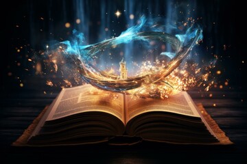 Mysterious Open magic book aged. Alchemy fairy. Generate Ai